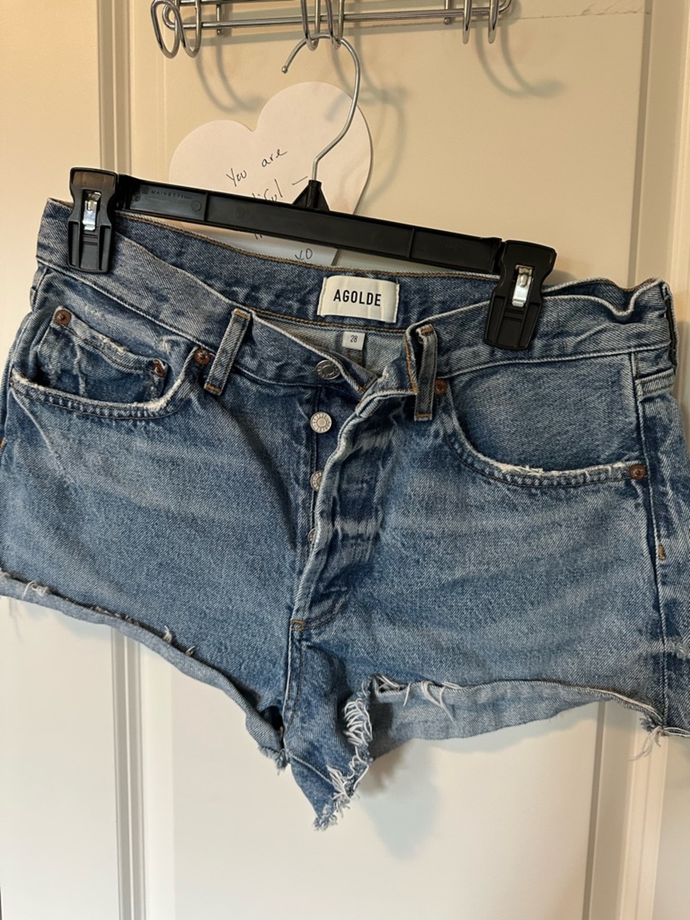 Agolde Light Blue Distressed Denim Cutoff Shorts